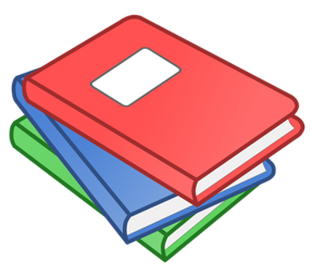 cartoon of three differently colored books stacked haphazardly on in a pile