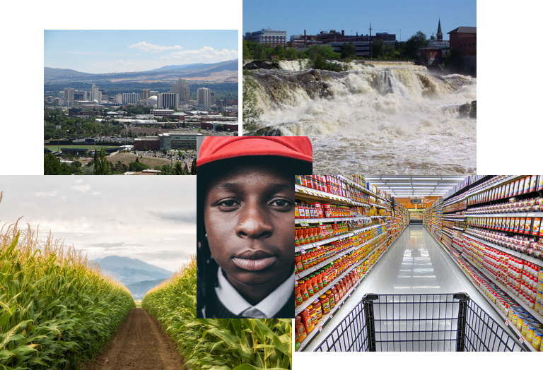 collage of pictures of University of Nevada campus from air, Lewiston Maine waterfall, corn field, close-up of face, grocery store aisle from perspective of someone pushing a cart